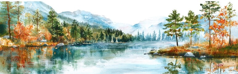 Watercolor illustration depicting a lake surrounded by a forest during early autumn