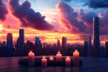 Candles On Rooftop With City Skyline View.