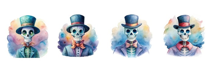 Watercolor illustration of a skeleton with a top hat, white background