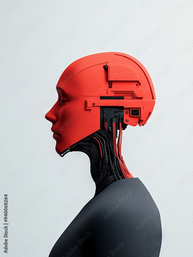 Poster profile view of a futuristic humanoid robot with red and black mechanical components, showcasing adv