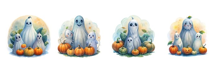 Watercolor illustration of a ghost family with pumpkins, white background