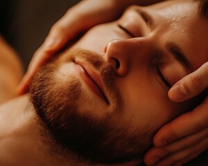 Naklejka premium Relaxed man enjoying a soothing facial massage. Closeup shot in a calm and serene environment. Perfect for wellness and relaxation themes.