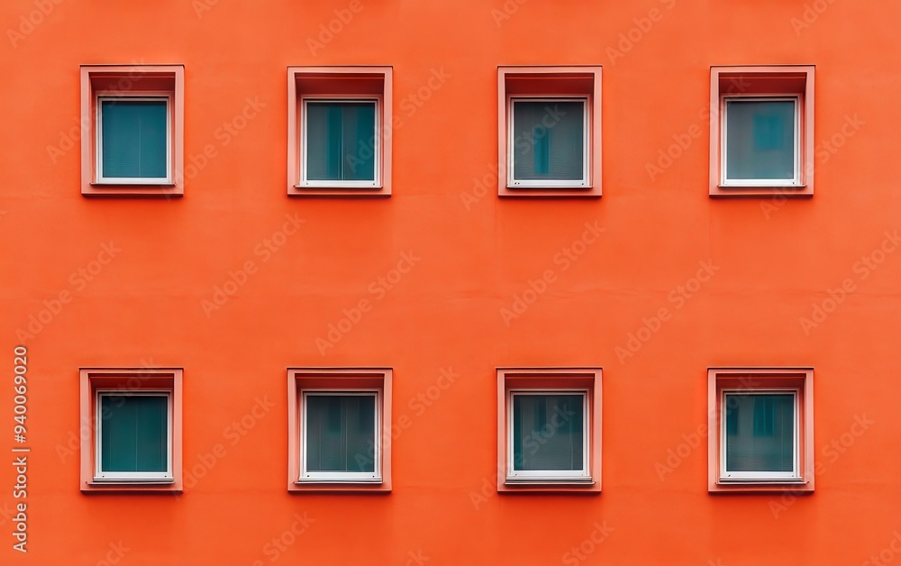 Poster symmetrical pattern of windows on a vibrant orange building exterior showcasing modern architecture 