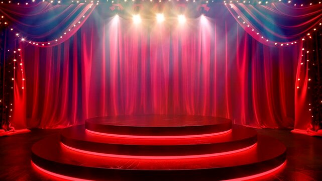 Circus stage with red theater tent under spotlights with floating confetti