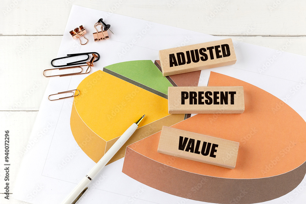 Poster adjusted present value word on wooden block on chart background