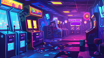 Obraz premium A lively 1980s arcade scene in comic style, featuring neon lights, retro gaming machines, and vibrant characters in motion.