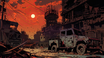 Comic background depicting a dystopian wasteland with decayed buildings, rusted cars, and an ominous sky, filled with shadows and muted tones.