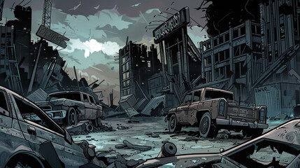 A grim comic-inspired scene set in a dystopian wasteland with crumbling buildings, rusted vehicles, and a dark, foreboding sky, in earth tones and harsh shadows.