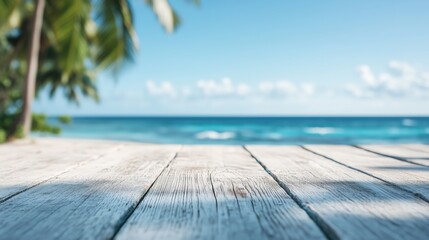 Fototapeta premium Wooden Floor with Tropical Beach and Palm Trees Background