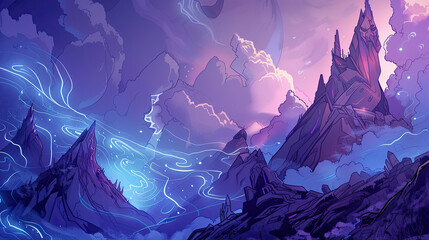 Fototapeta premium A comic-style background featuring a mystical mountain range with jagged peaks, swirling clouds, and a floating temple glowing with ethereal light in cool tones.