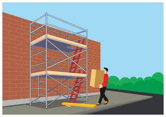 Man bring carton box near the unsafe condition of scaffolding installation and protruding material on the pedestrian. Slip and trip hazard of safety awareness and education.