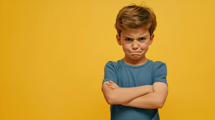 un niño con los brazos cruzados enojado y furioso en problemas expresiones negativas y de tristeza gesticulando con su cara as emociones con espacio de copia