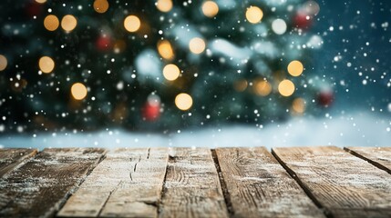 Wooden table with snow dusting in the foreground and a blurred Christmas tree with festive lights in the background.  Holiday product displays or seasonal designs