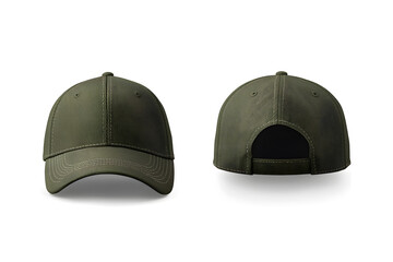 3/4 front and back view of military green hat mockup with detailed fabric texture against a crisp white background