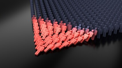 chain reaction collapse or domino effect of a crowd 3d representation. Can be used to reprenset economy and demography globalization, disease spread epidemic or a leadership disaster management