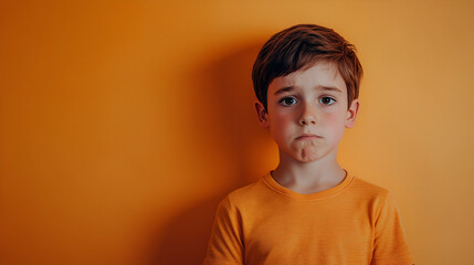 niño pequeño enfadado y disgustado triste y enojado representando sus emociones y sentimientos sobre un fondo naranja con espacio para copiar