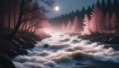 A dynamic capture of a river rapid, with sunlight shining on the turbulent water, highlighting every splash and wave.