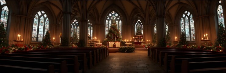 Fototapeta premium 360 degree traditional Christmas Eve church service, with a beautifully decorated altar. HDRI spherical panorama.