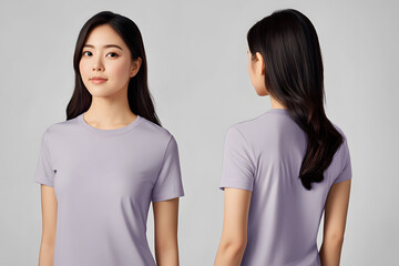 Asian woman modeling soft purple t-shirt with front and back views against a minimalist grey background
