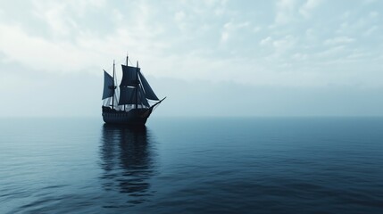 Obraz premium A vintage black pirate ship with sails raised, sailing through a misty, calm sea. The atmosphere is eerie and mysterious.