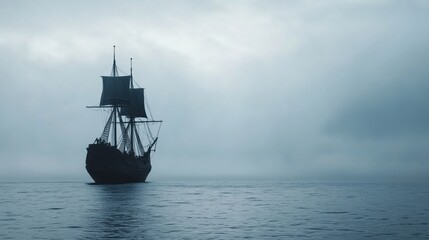 A vintage black pirate ship with sails raised, sailing through a misty, calm sea. The atmosphere is eerie and mysterious.