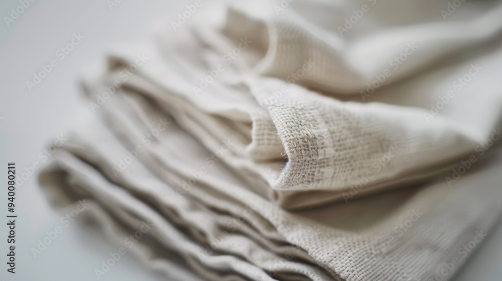 Poster stack of folded white linen napkins creating elegant texture