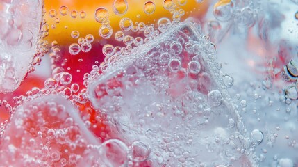 A vibrant close-up of citrus slices in sparkling soda water with bubbles, showcasing refreshing summer beverage elements.