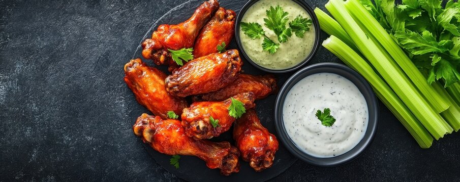 Juicy chicken wings covered in hot sauce, glistening, served with celery sticks, ranch dip, copy space