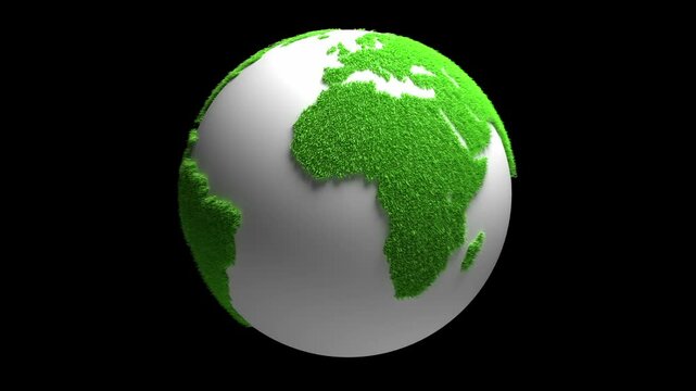 planet rotation of green grass continents 3d animation loop. Can be used to represent ecology, renewable energy and sustainability, global oxygenation plants or mother earth zero waste global warming