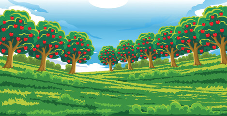 view of apple orchard growing on grass in clear sky