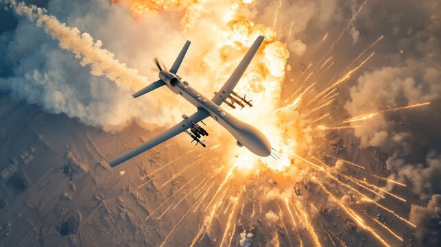 Drone Warfare Inferno: MQ-9 Reaper Soars Above a Devastating Explosion - A chilling depiction of modern combat, capturing the raw power and destructive force of unmanned aerial vehicles. 