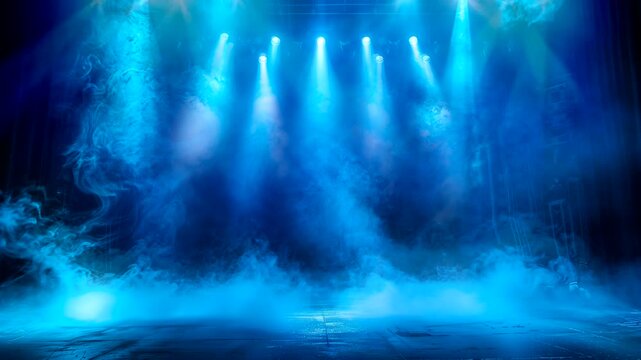 Dramatic blue stage in fog spotlights