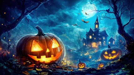 Eerie Halloween scene featuring glowing pumpkins, a haunted house, and a moonlit sky, perfect for spooky celebrations.