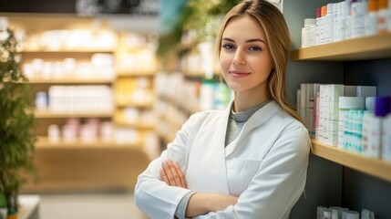 Confident pharmacist standing in a well-stocked pharmacy, ready to assist customers with expert advice and care.