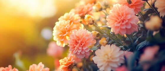 Beautiful blooming flowers in soft shades illuminated by warm sunlight, creating a serene and inviting atmosphere.