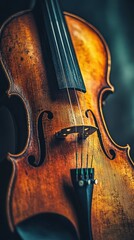 A close-up of a beautifully crafted wooden violin showcasing intricate details, perfect for music-related projects.