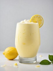A clear glass filled with lemon milkshake on a plain white background.