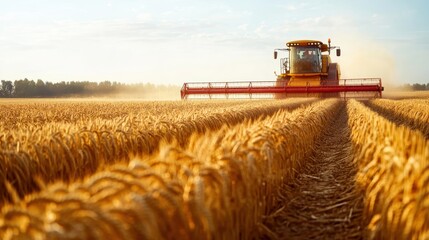 Obraz premium A modern combine harvester works efficiently in a golden wheat field under a clear sky during harvest season.