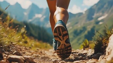 Trail Runner's Journey: Close-up of Feet in Motion on Mountain Path with Blurred Background