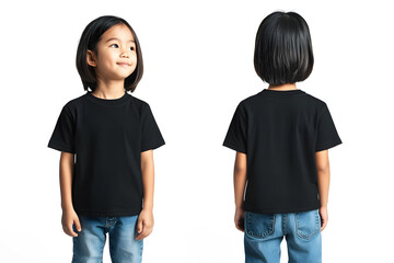 Asian child posing confidently in black t-shirt mock-up with front and back view on white background