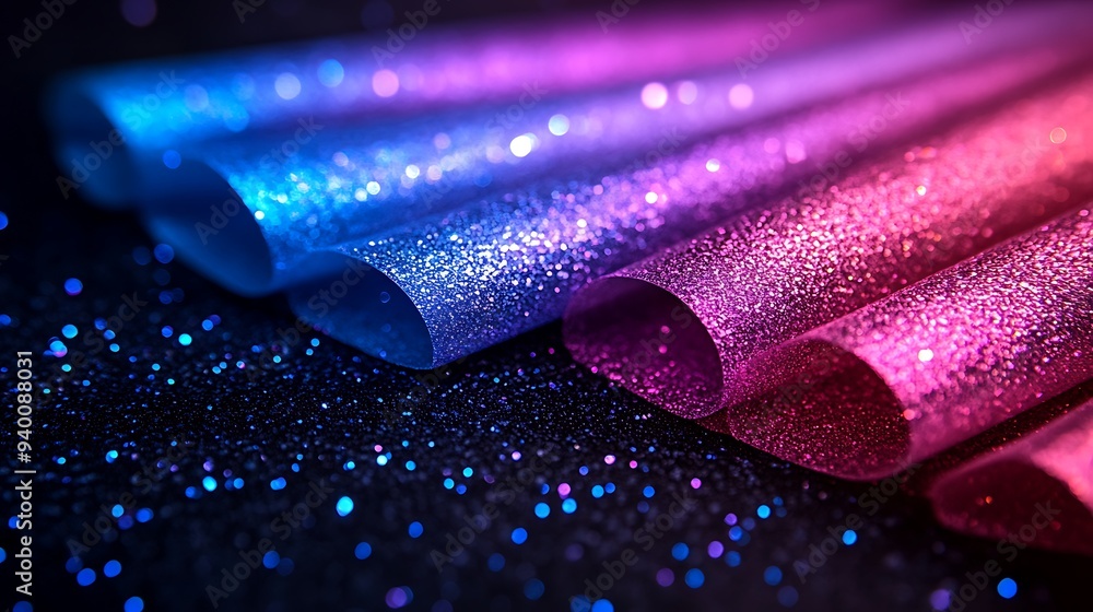 Poster sparkling glitter foam sheets in soft illumination on dark background with bokeh effect