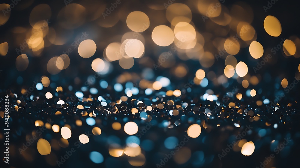 Poster sparkling sequins: glittering close-up on dark background with soft lighting and bokeh effects