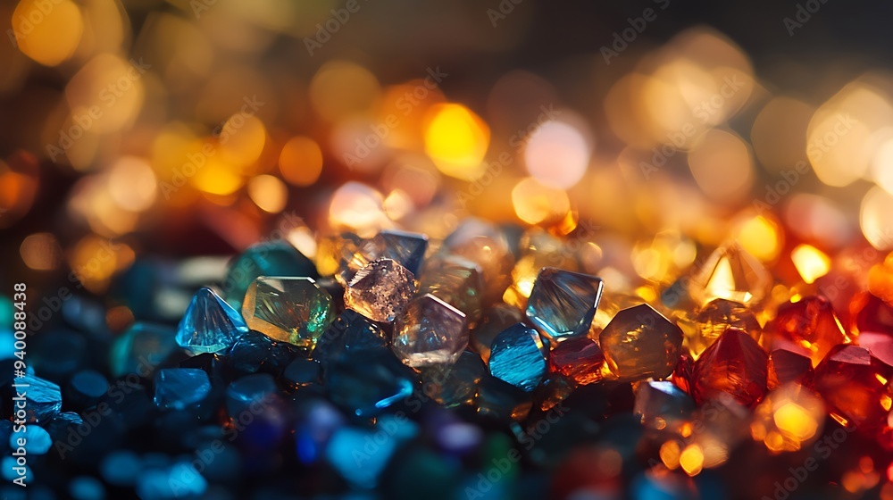 Poster sparkling gemstone chips on dark background with soft bokeh lighting