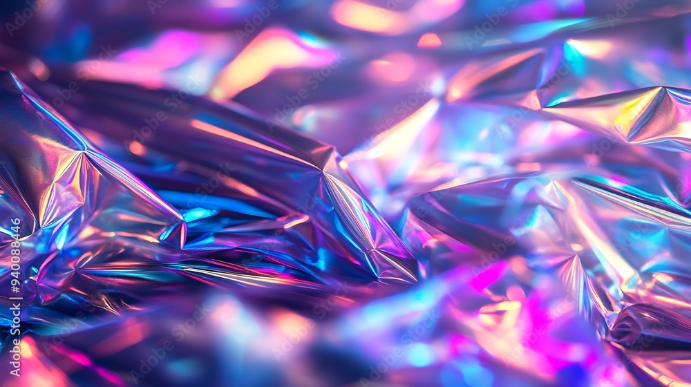 Poster glowing prismatic cellophane wraps in soft light - abstract background with bokeh effects