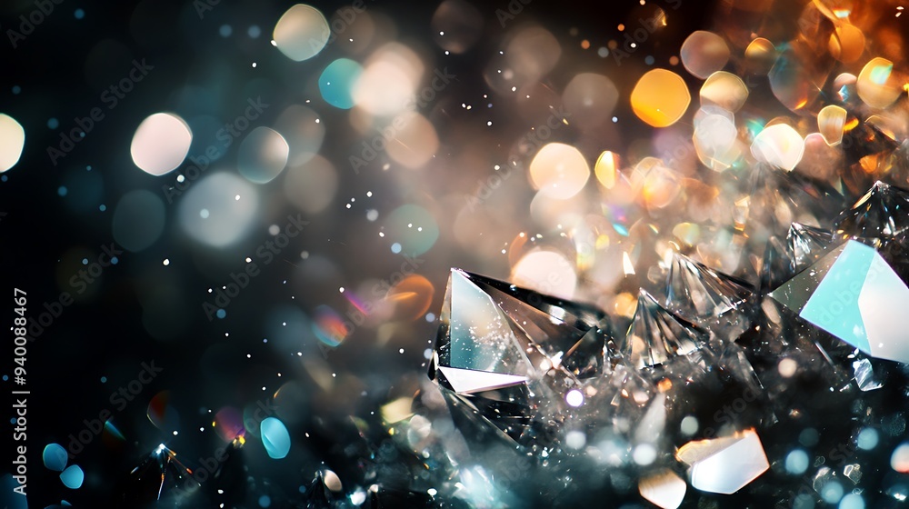 Aufkleber shimmering crystal shards in soft light on dark background with bokeh - close-up sparkling gems for 