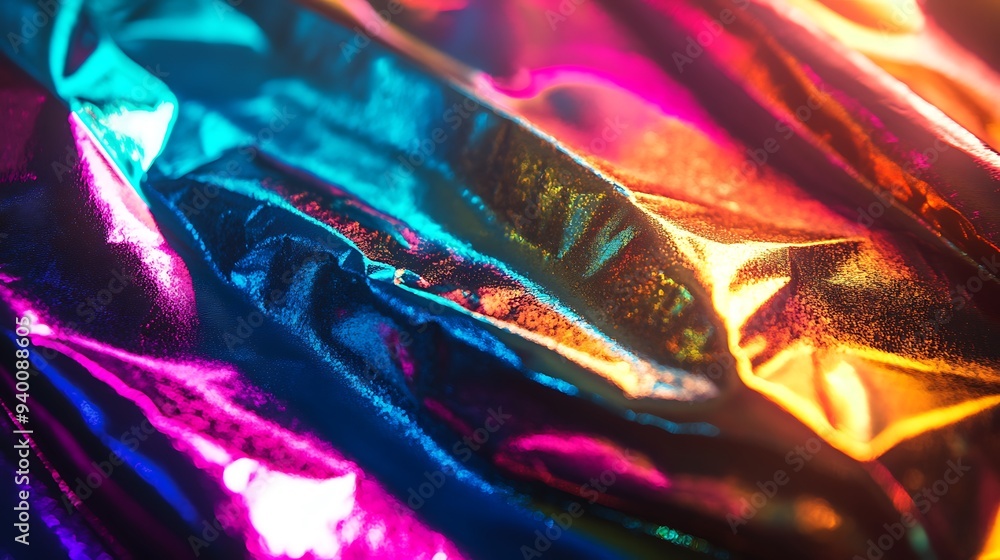 Poster shimmering vibrant foil sheets close-up on dark background with bokeh - artistic metallic design ele
