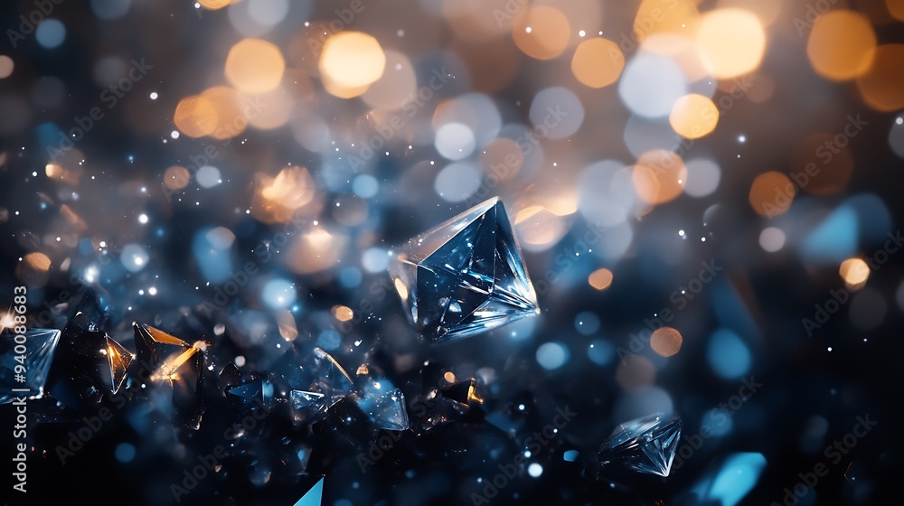 Poster glittering crystal shards in soft light - abstract background of shimmering gems on dark backdrop wi