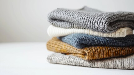 Stack of folded knitted sweaters on white table