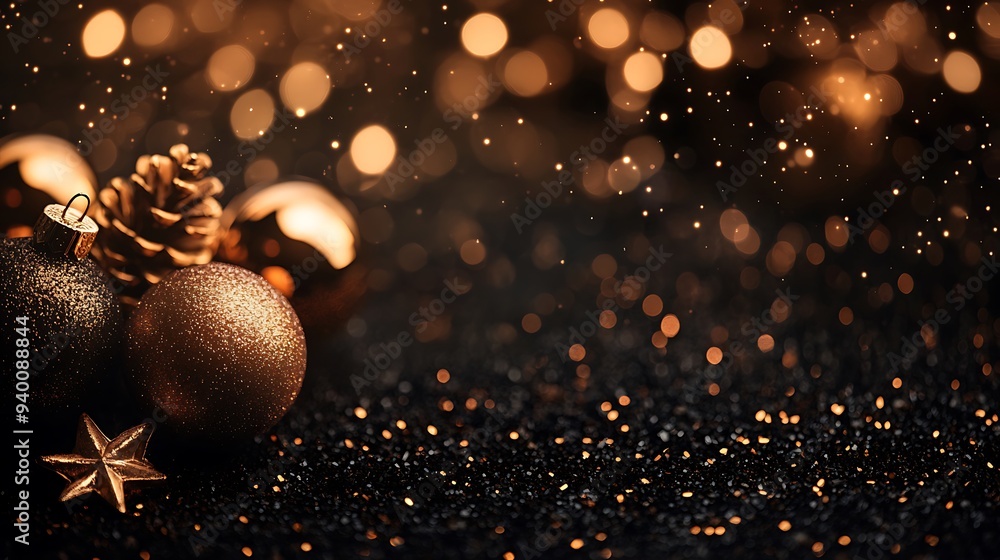Poster glowing resin ornaments in enchanting light against dark background with bokeh - close-up compositio