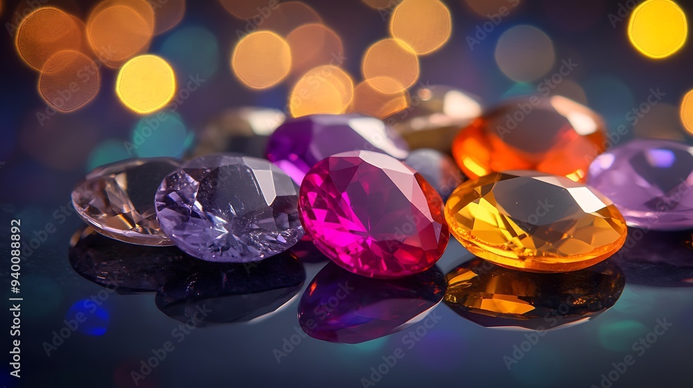 Poster shimmering gemstone cabochons on dark background with soft lighting and bokeh effects